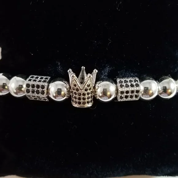 “SOLD” Hand Crafted Steel and Pave Beaded Stretch Bracelet Silver and Black 7.5" - Picture 1 of 6